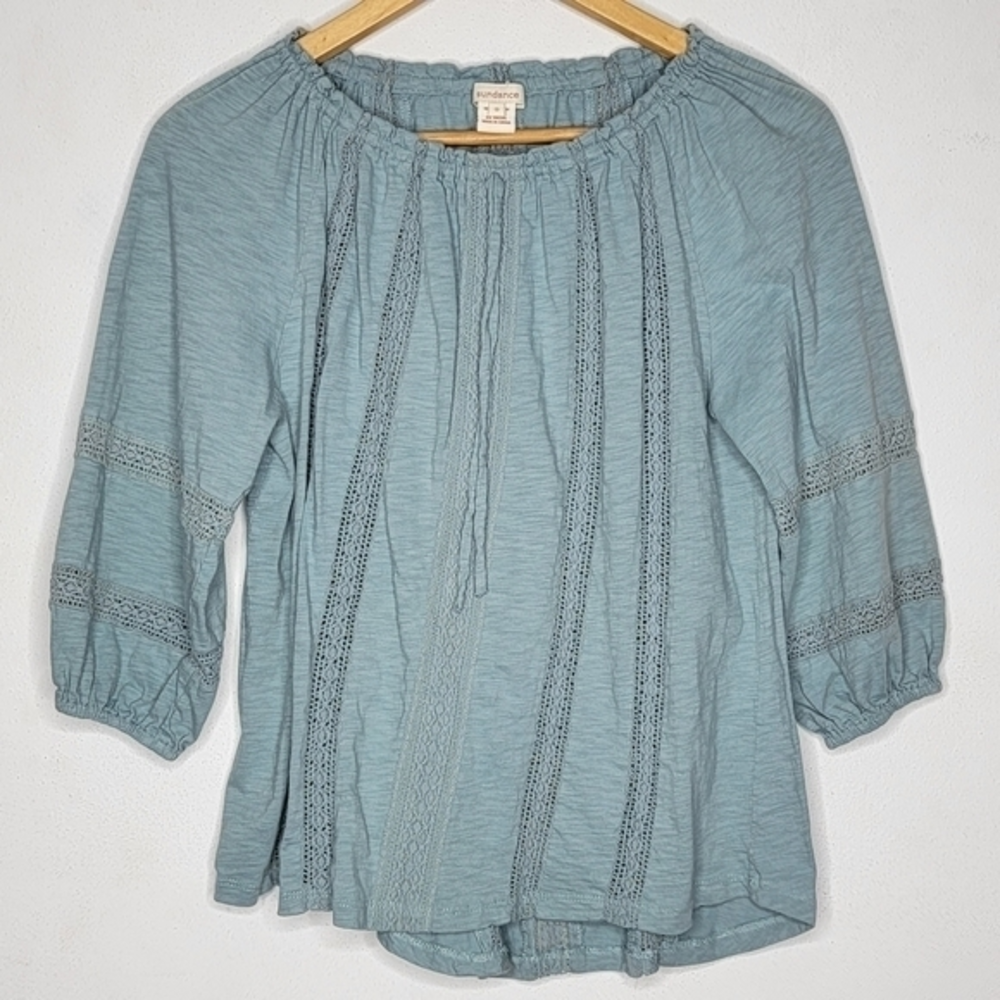Sundance Small S Blue / Gray Off Shoulder Women's Peasant Balloon‎ Sleeve Top